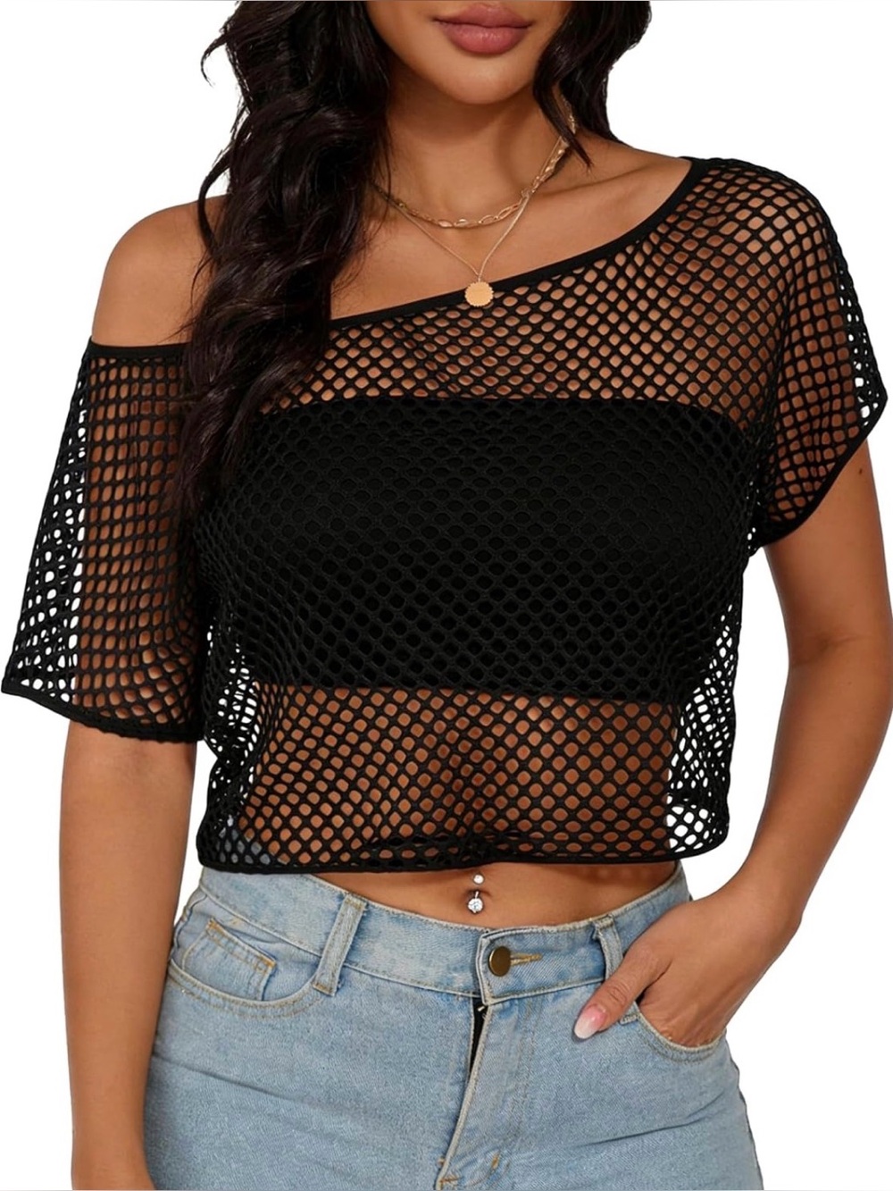 Black Mesh Off-Shoulder Crop Top